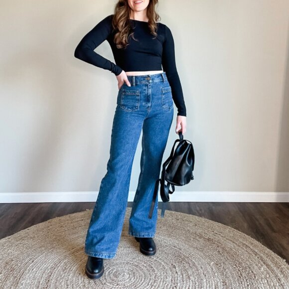 🇫🇷 SÉZANE ✨ 70’s Trousers in Blue | FR 40 US 8 | High-Rise Wide-Leg - Picture 2 of 14